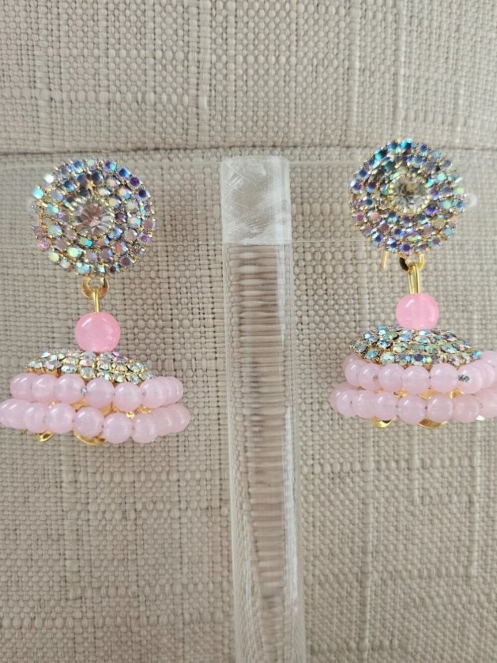 Fashion Earrings Pink Beads Chandelier Jhumka Traditional Pakistani Earrings - Picture 10 of 12